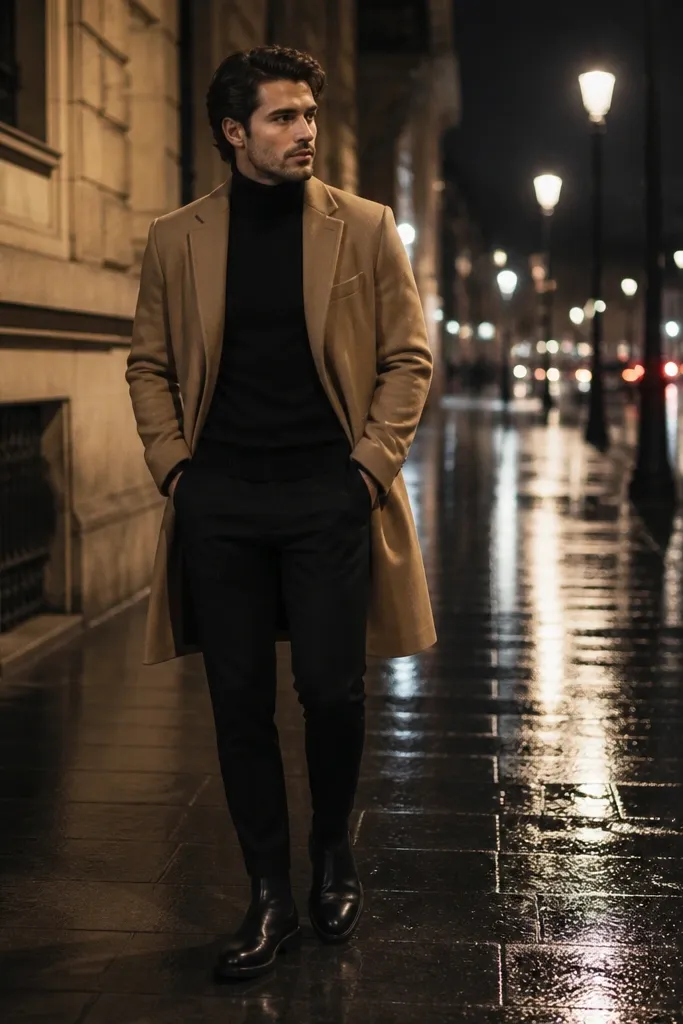 A man in a fitted black turtleneck with a camel overcoat. He wears black trousers and dark boots. The background is nighttime street lights reflecting on the pavement.