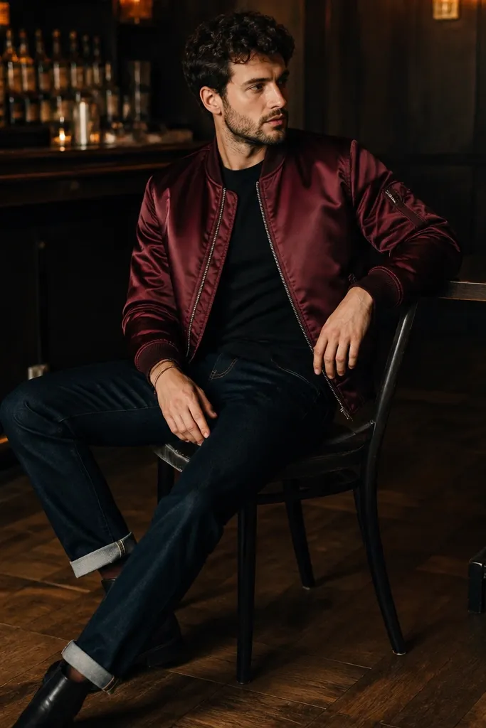 A man wearing a burgundy satin bomber jacket with a smooth sheen, paired with dark indigo jeans. He has black Chelsea boots and a simple black shirt. The setting is a dim bar with warm amber lights.