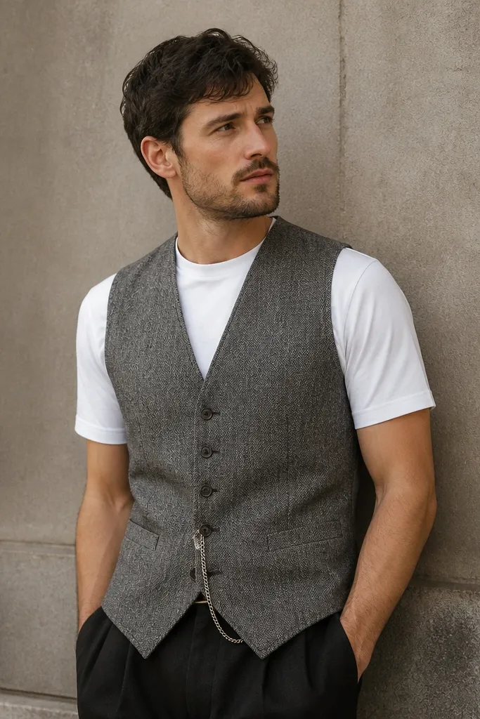 A man wearing a grey tweed waistcoat over a white crew tee. He pairs it with dark trousers and a simple chain watch. The background is a studio-like street wall with neutral tones.