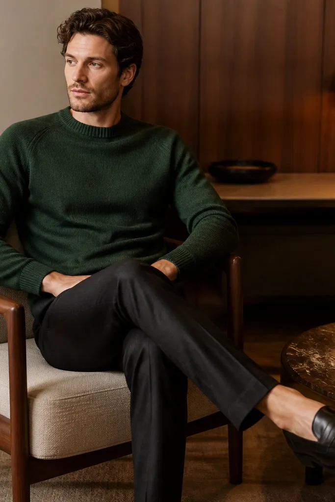 A man wearing a forest green knit crewneck sweater with a neat rib cuff. He pairs it with dark charcoal slacks and black leather loafers. The background is an indoor lounge with warm lighting.