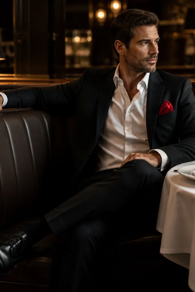 A man in a crisp white button-down shirt and black trousers with a dark blazer. A red pocket square sits in the breast pocket. He wears black leather shoes, and the setting looks like a steakhouse at night.