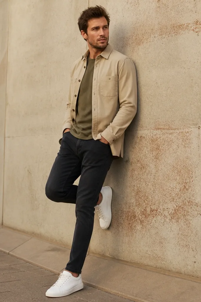 A man wearing a sand-colored overshirt layered over an olive t-shirt. He has dark jeans and white sneakers. The photo is in daylight near a concrete wall with warm tones.
