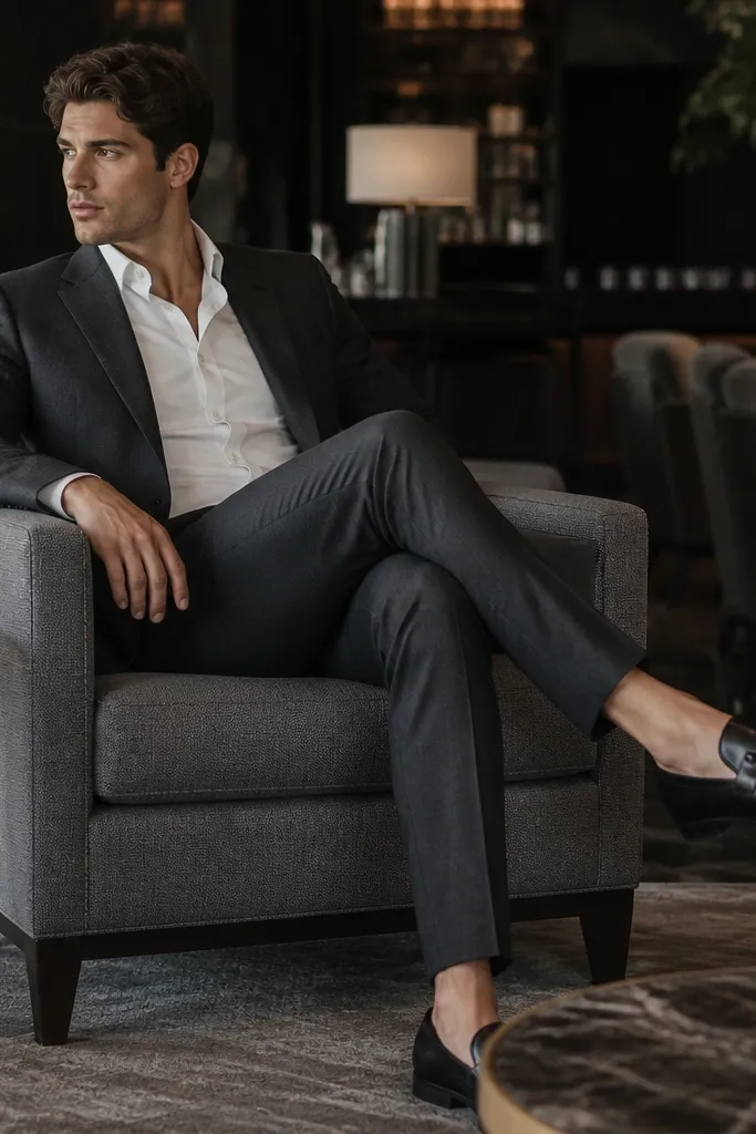 A man wearing charcoal suit trousers with a matching charcoal jacket, paired with an open-collar shirt in off-white. No tie. He wears black loafers. The setting looks like a modern hotel lounge.