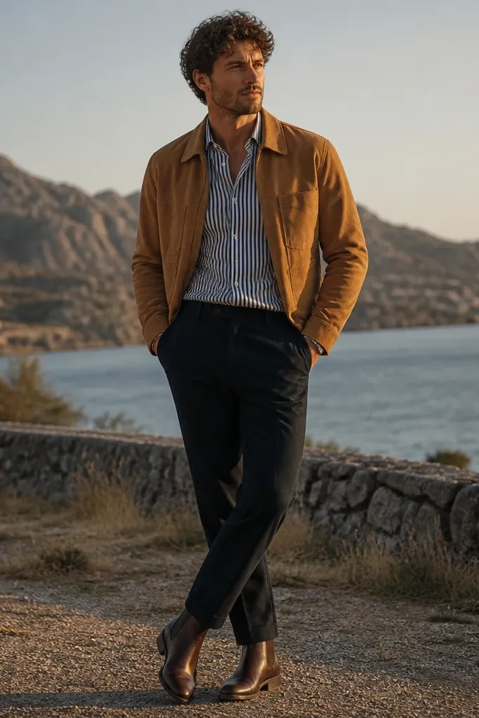 A man wearing a navy-and-white striped button-down under a tan suede jacket. He pairs it with dark trousers and brown leather boots. The background is outdoors with late afternoon light.