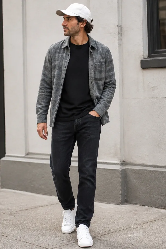 A man wearing a black crewneck t-shirt under a grey flannel overshirt. He has dark jeans and a white baseball cap. He wears clean white sneakers. The photo is in a casual street setting.