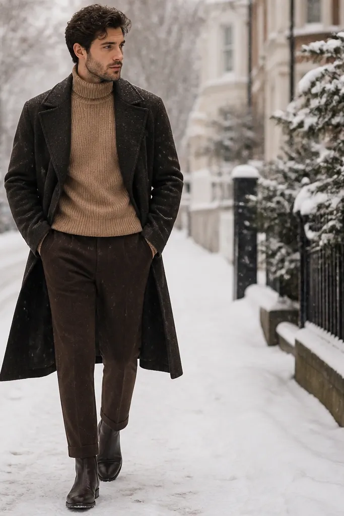 A man wearing a camel turtleneck sweater with dark brown trousers and a long dark coat. He wears dark boots. The background is snowy street or winter sidewalk with muted colors.