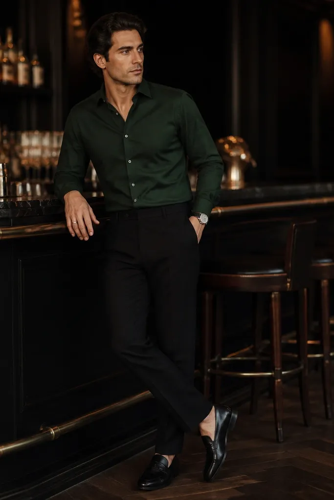 A man wearing a dark forest green button-down shirt tucked into black slacks. He wears a silver watch and a simple silver ring. He has black leather loafers. The setting is an upscale bar with dim lighting.