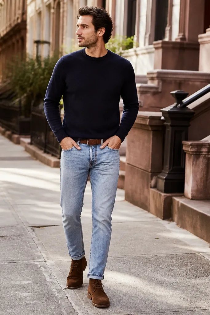 A man wearing a navy crewneck sweater with light-wash jeans. He has brown suede chukka boots and a leather belt. The setting is a daytime street with bright natural light.