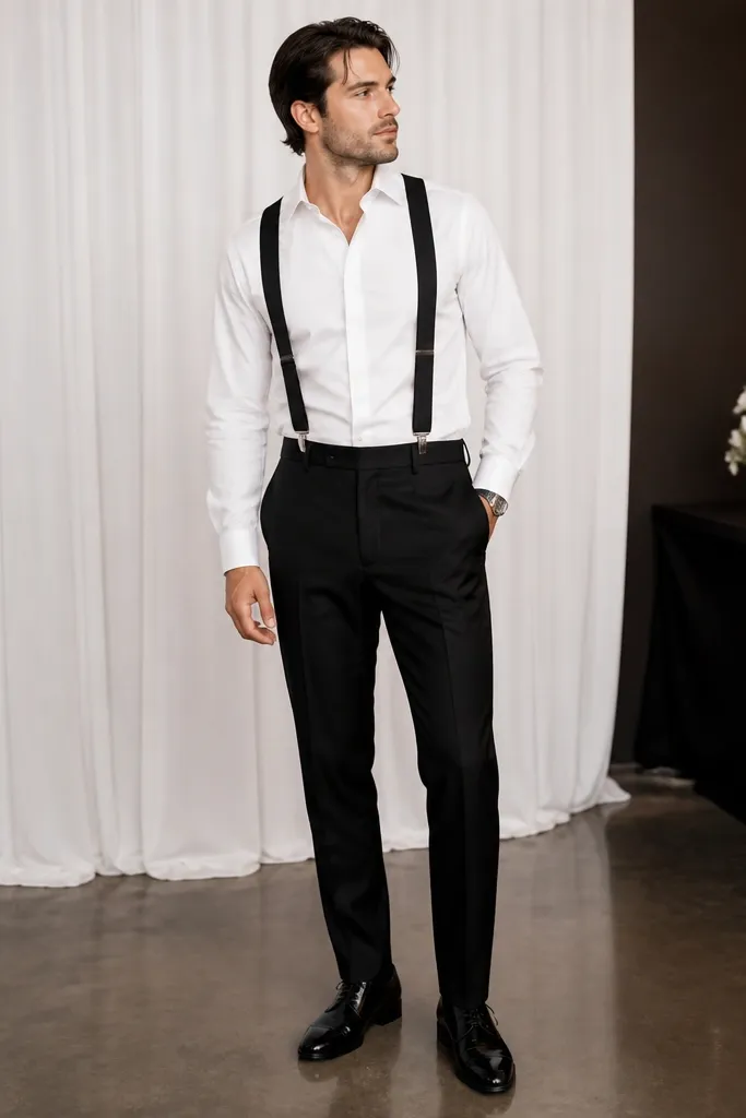 A man in a white dress shirt wearing black suspenders over tailored black trousers. He has polished black shoes and a simple watch. The background looks like a photo booth area or event venue.