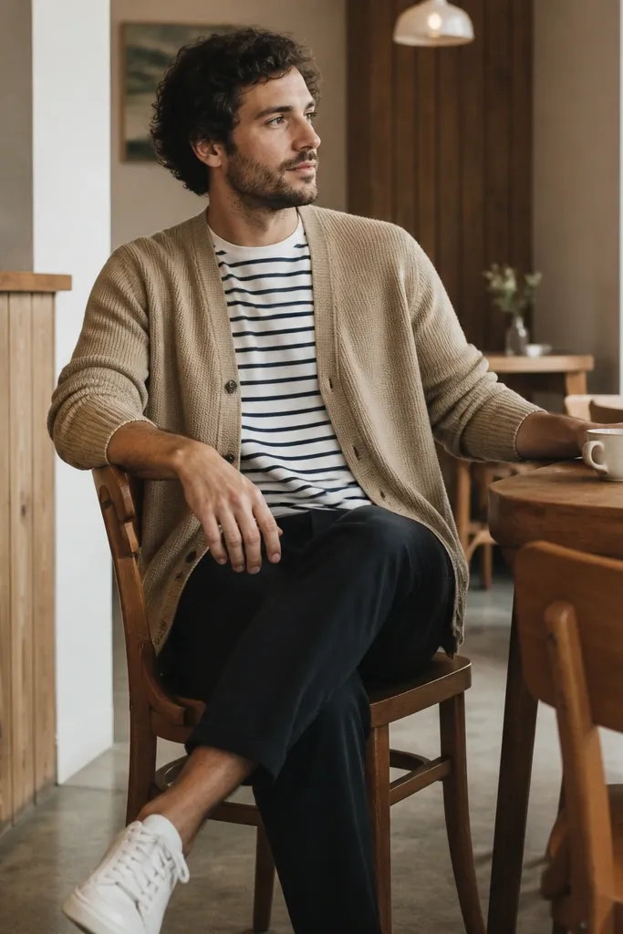 A man wearing a tan cardigan over a striped t-shirt. He pairs it with dark chinos and white sneakers. The scene is a cozy cafe with warm light and wood textures.