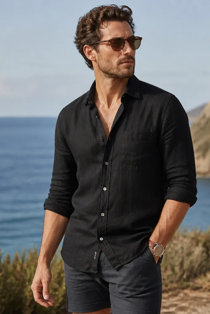 A man wearing a black linen button-up with sleeves rolled to mid-forearm. He has dark shorts or slim trousers depending on setting and a natural leather watch strap. The background is outdoors with bright daylight.