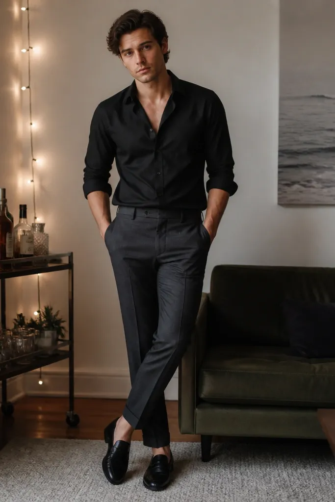 A black oxford button-down laid slightly open at the collar, sleeves rolled to mid-forearm. The man pairs it with charcoal trousers and black leather loafers. The room background shows a living room setup with a small bar cart and string lights.