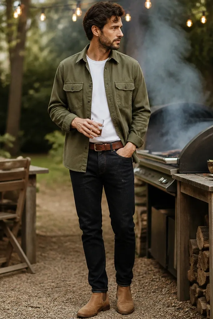 A man wearing an olive overshirt layered over a plain white crew tee. He has dark jeans, a brown belt, and tan boots. The background shows a grill with smoke and string lights outside.