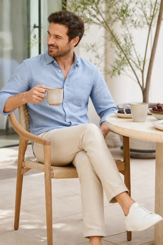 A light blue chambray shirt with subtle texture, sleeves buttoned but rolled slightly. The man wears light beige chinos and white sneakers. The scene is a patio brunch table with coffee cups and fruit.