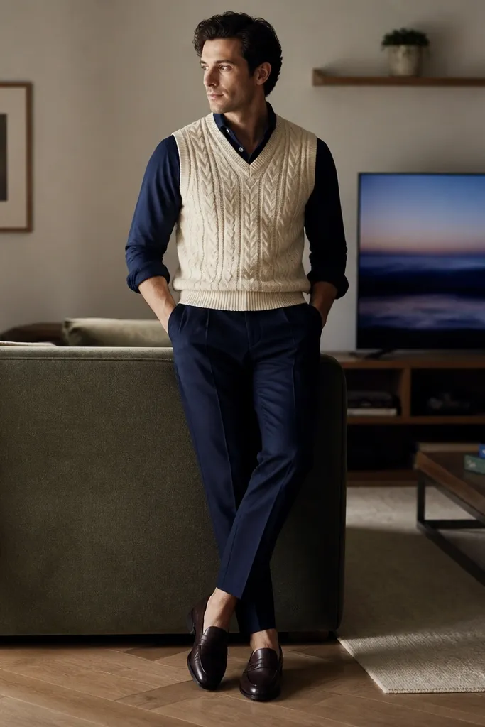 A man wearing a cream cable-knit sweater vest over a navy long-sleeve shirt. He pairs it with tailored navy trousers and dark brown loafers. The background shows a living room with board games and a TV glow.