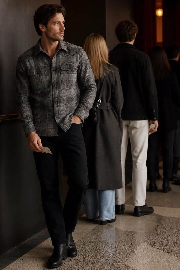 A man in a gray flannel button-up with a soft brushed texture, paired with black straight-leg jeans and black boots. The background shows a dim theater lobby with a line of people holding tickets.
