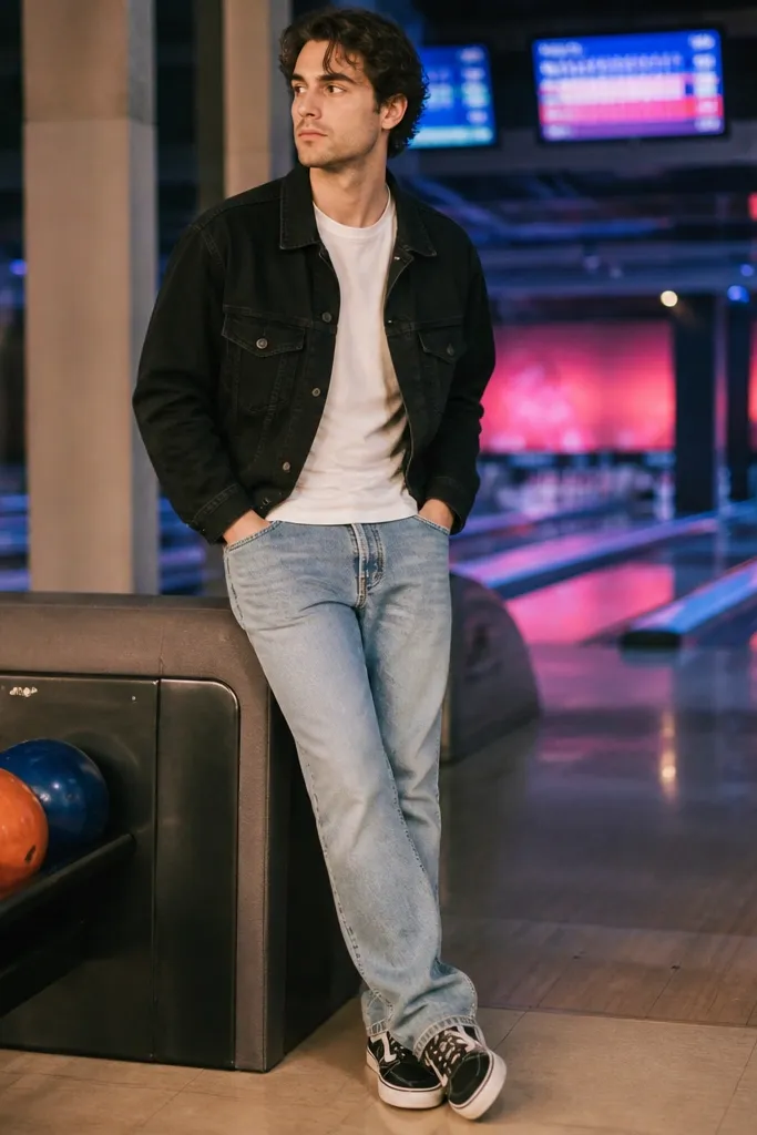 A man wearing a plain white crew tee under a black denim jacket. He has light-wash jeans and black-and-white sneakers. The background shows a bowling alley with neon lanes and score screens.