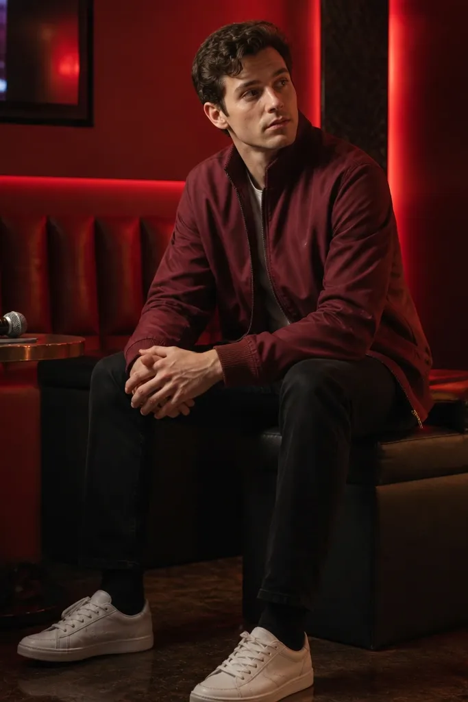 A man wearing a burgundy harrington jacket with a smooth satin-like finish and a ribbed collar. He pairs it with black jeans and white sneakers. The background shows a karaoke room with red lighting.