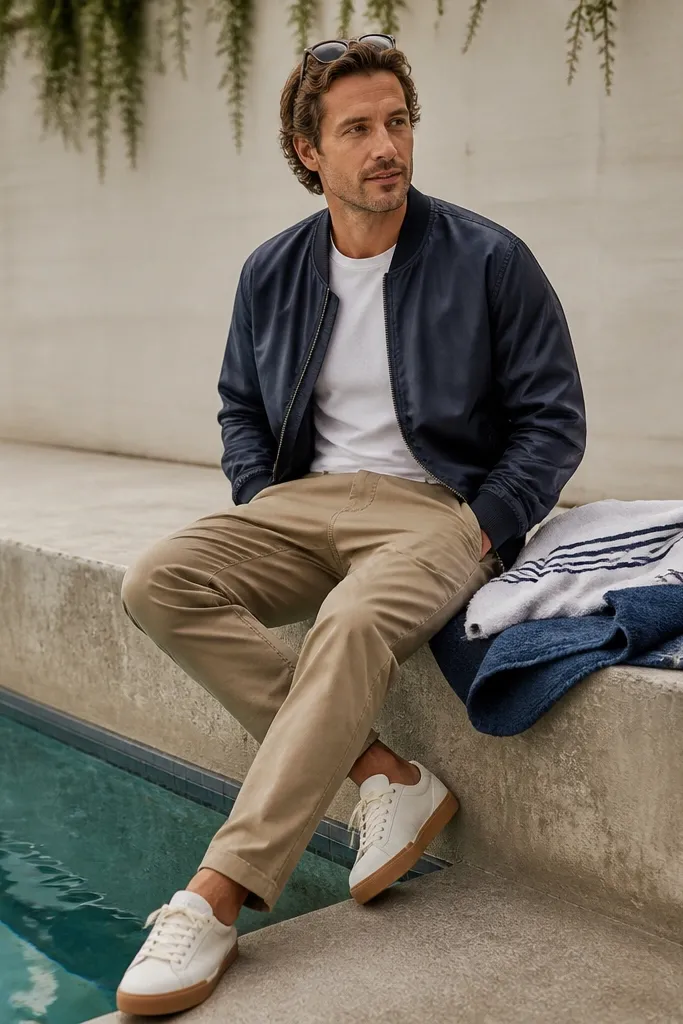 A man in a navy bomber jacket with a slightly shiny nylon finish, paired with tan chinos and a white crew tee. He wears brown sandals or clean sneakers and has sunglasses on his head. The background shows a pool edge with towels.