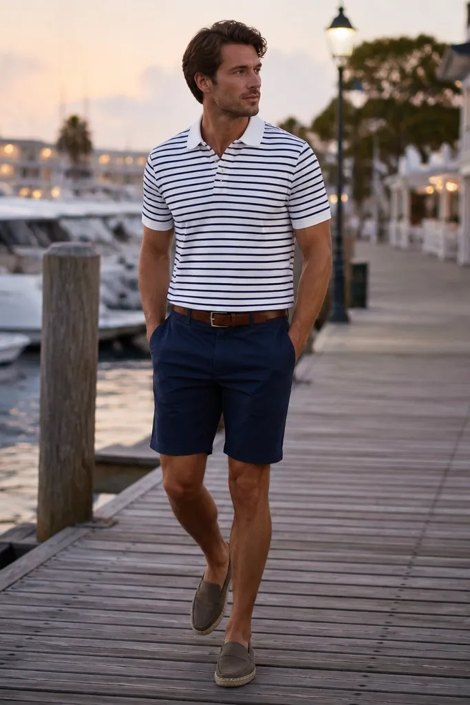 A man wearing a white-and-navy striped polo shirt with a clean collar and short sleeves. He has navy shorts or light chinos, a brown leather belt, and espadrilles or deck shoes. The background shows a dock with evening lights.