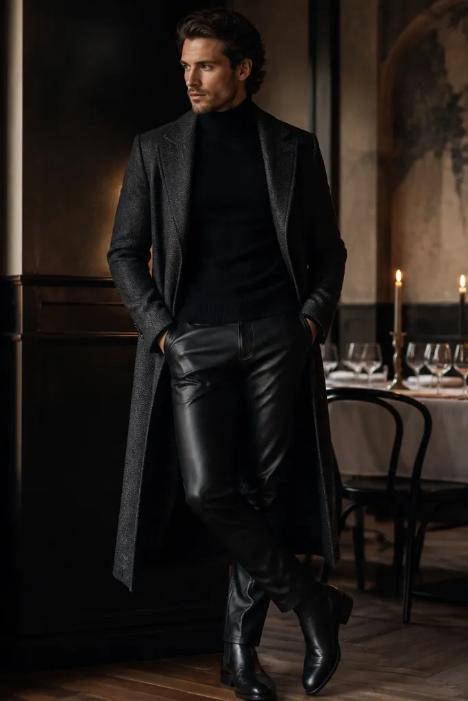 A man wearing a fitted black turtleneck sweater and black leather-look pants. He has a long coat in dark gray and black boots. The background shows a restaurant table with candles.