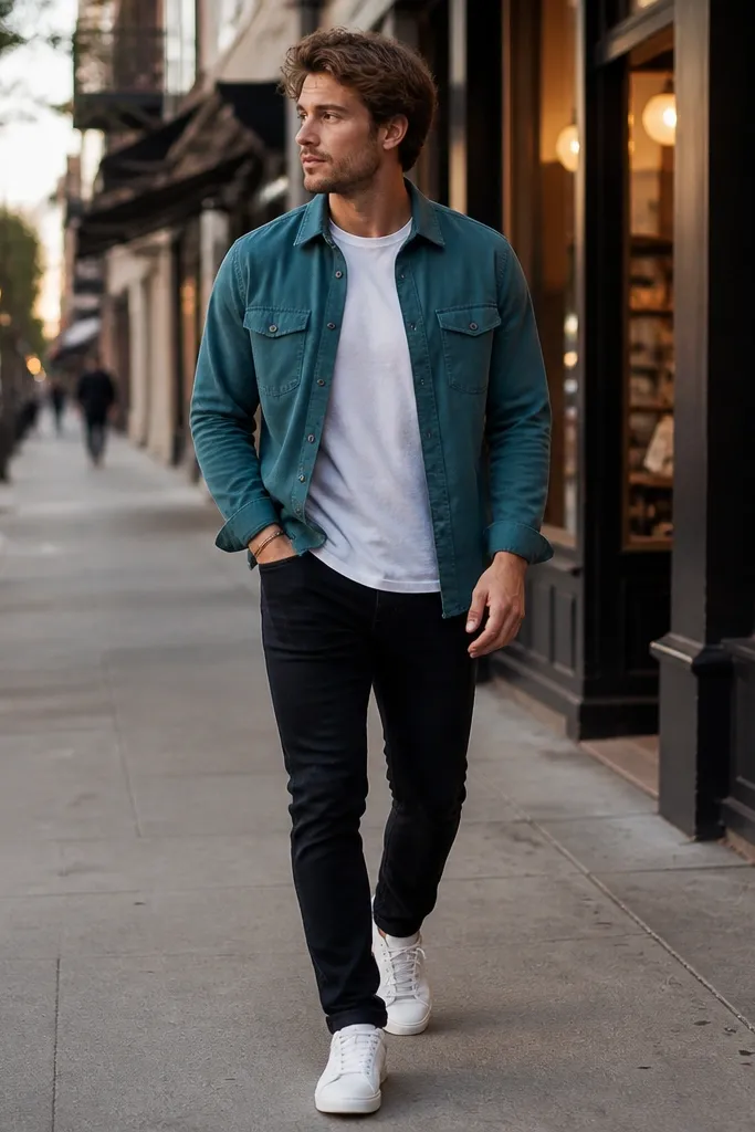 A man wearing a teal overshirt over a plain white tee. He has dark slim-fit jeans and white sneakers. The background shows a city sidewalk with storefront lights.