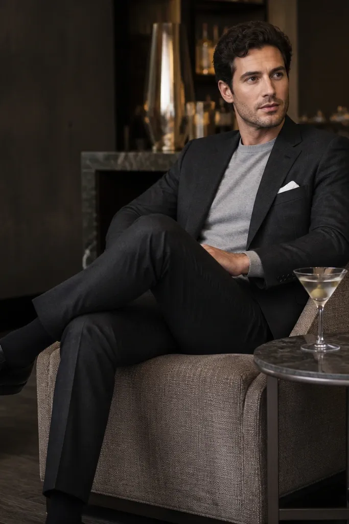 A man wearing a charcoal blazer with matching trousers, paired with a light gray crew-neck sweater instead of a dress shirt. He has polished black shoes and a simple pocket square. The background is a lounge with cocktail glasses.