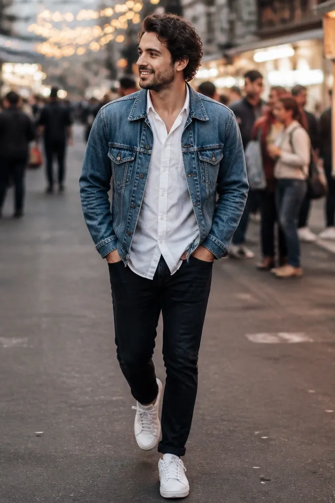 A man wearing a medium-wash denim jacket over a white button-down shirt. He has dark jeans and white sneakers. The background shows a busy street with food stalls and string lights.
