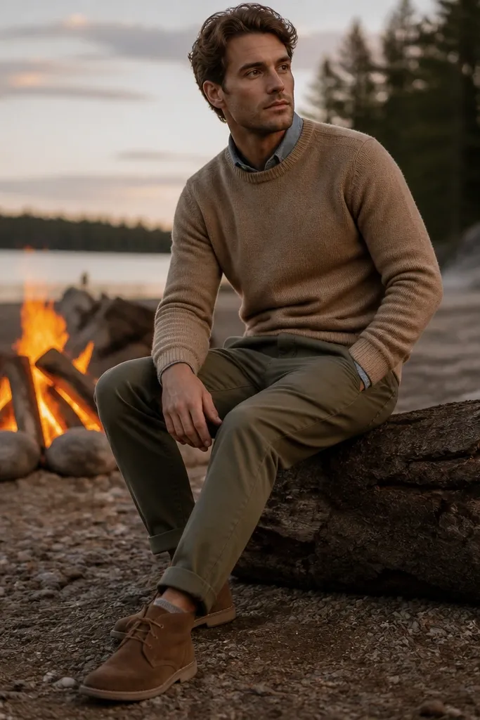 A man wearing brown suede chukkas and a layered earth-tone outfit: a tan knit sweater over a collared shirt, with olive chinos. The background shows a bonfire with warm orange light.