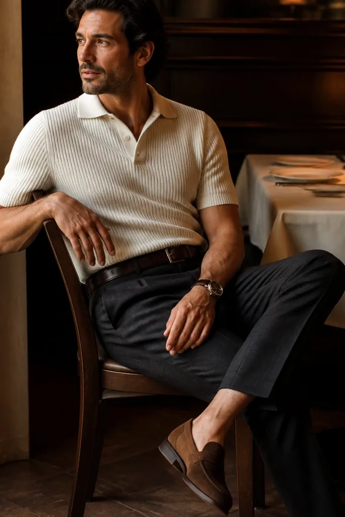 A man in an off-white knit polo with a soft ribbed texture, paired with charcoal tapered chinos, a dark brown belt, and suede loafers; the background shows a dim restaurant table with warm light.