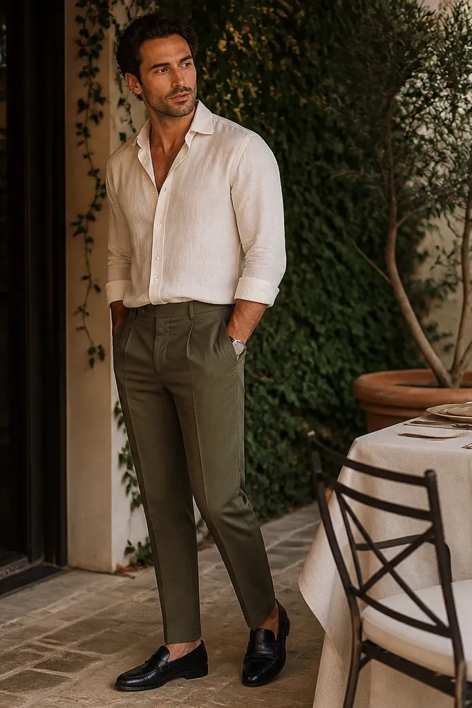 A cream linen button-up worn slightly open at the top with sleeves rolled to forearm length, paired with olive tailored trousers and black leather loafers; the scene is a dinner patio with greenery.