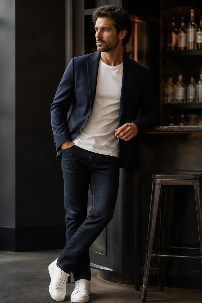 A midnight blue blazer over a fitted white crewneck tee, with dark jeans and clean white sneakers; the man stands near a bar with bottles in the background.