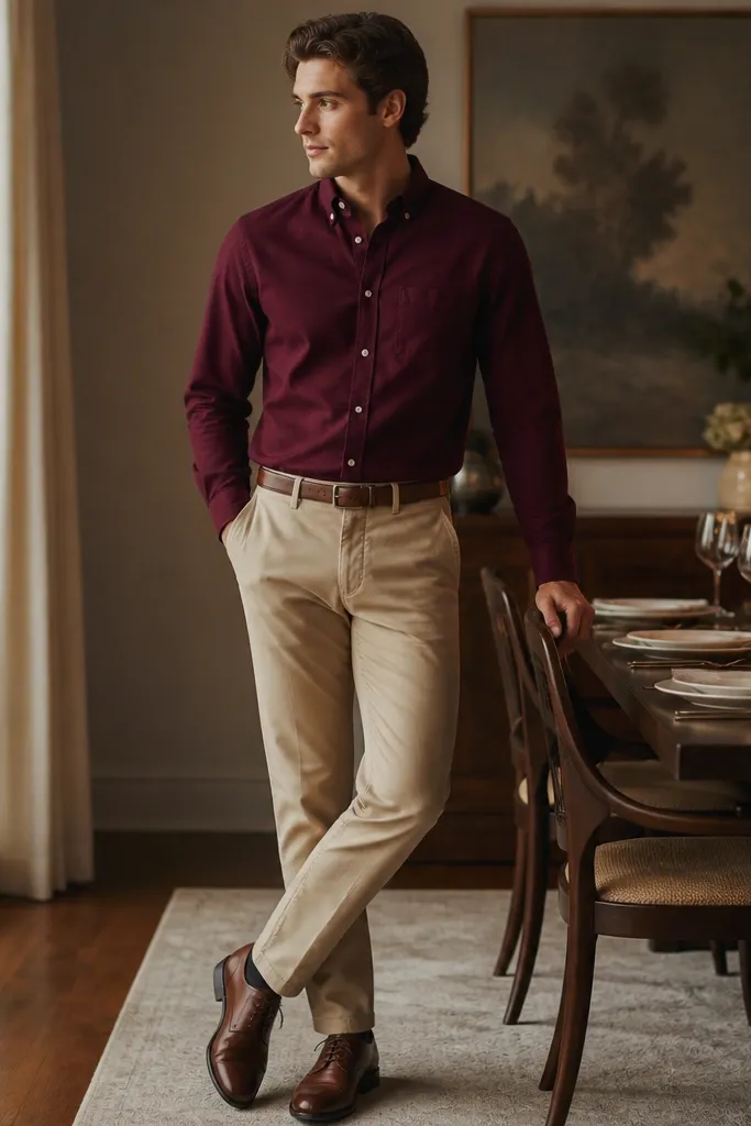 A burgundy long-sleeve button-down tucked into tan chinos, with a slim belt and tan leather belt buckle, plus dark brown oxford shoes; warm candlelight on a dining table.