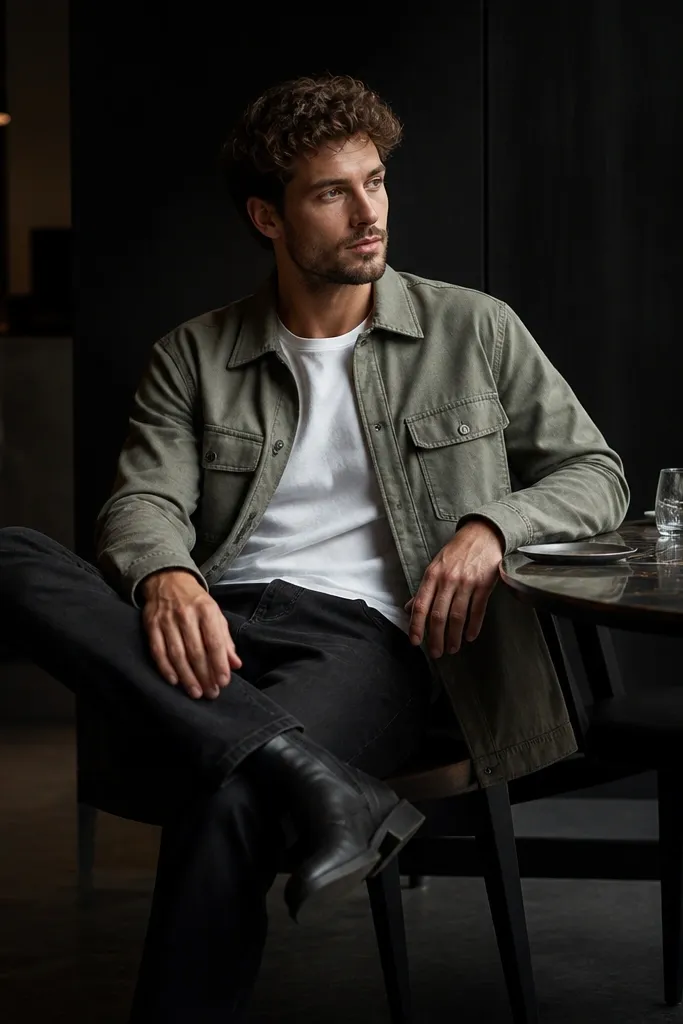A sage green overshirt layered over a plain white t-shirt, with black straight jeans and dark boots; the man is seated at a modern restaurant with low lighting.