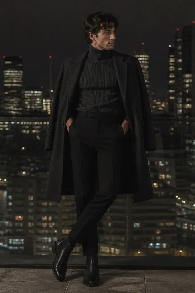 A charcoal ribbed turtleneck tucked into black trousers, with a longline overcoat draped over the shoulders and black Chelsea boots; nighttime city lights behind.