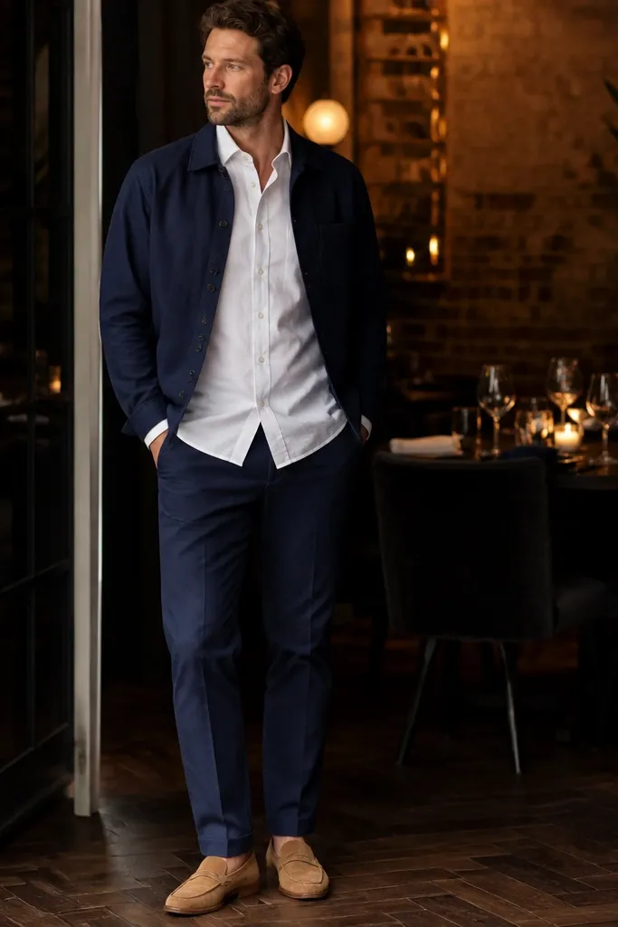 A white dress shirt with faint micro-pattern, worn untucked with a navy overshirt open, paired with navy chinos and tan loafers; dinner lighting shows soft highlights on fabric.