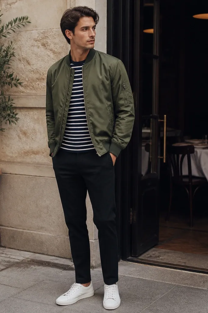 An olive bomber jacket over a navy-and-white striped tee, with black tapered pants and white low-top sneakers; the man is outside a restaurant entrance.