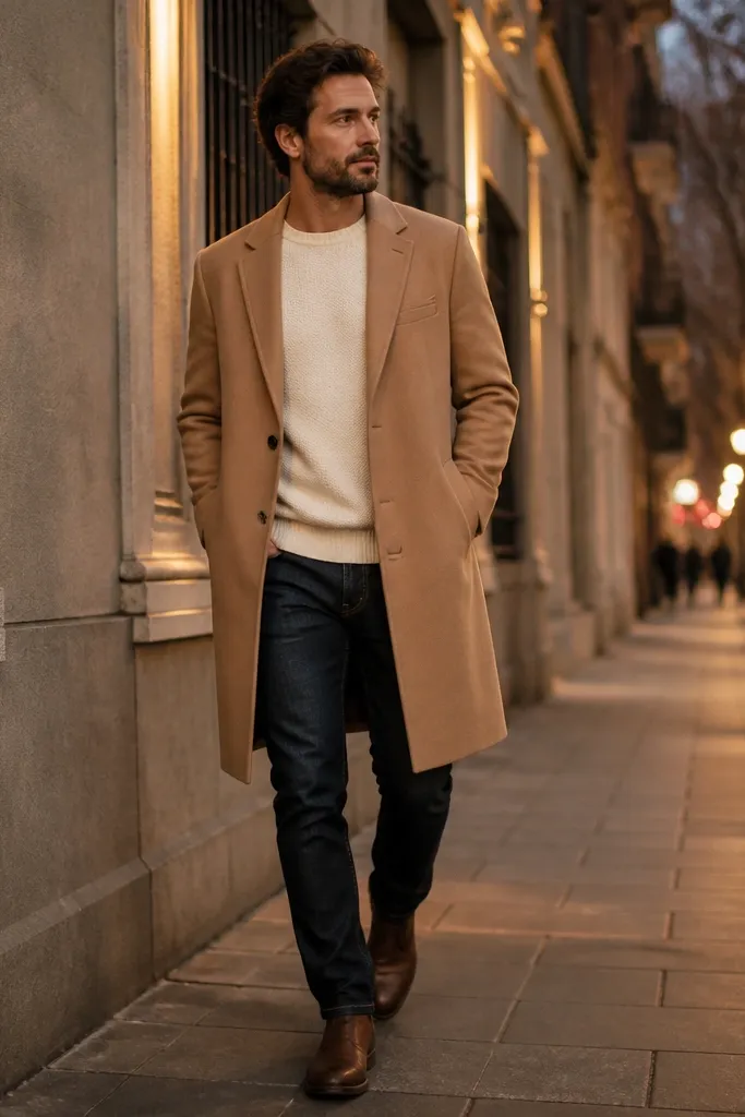 A camel overcoat worn over a cream crewneck sweater, paired with dark denim jeans and brown leather boots; street scene at evening.