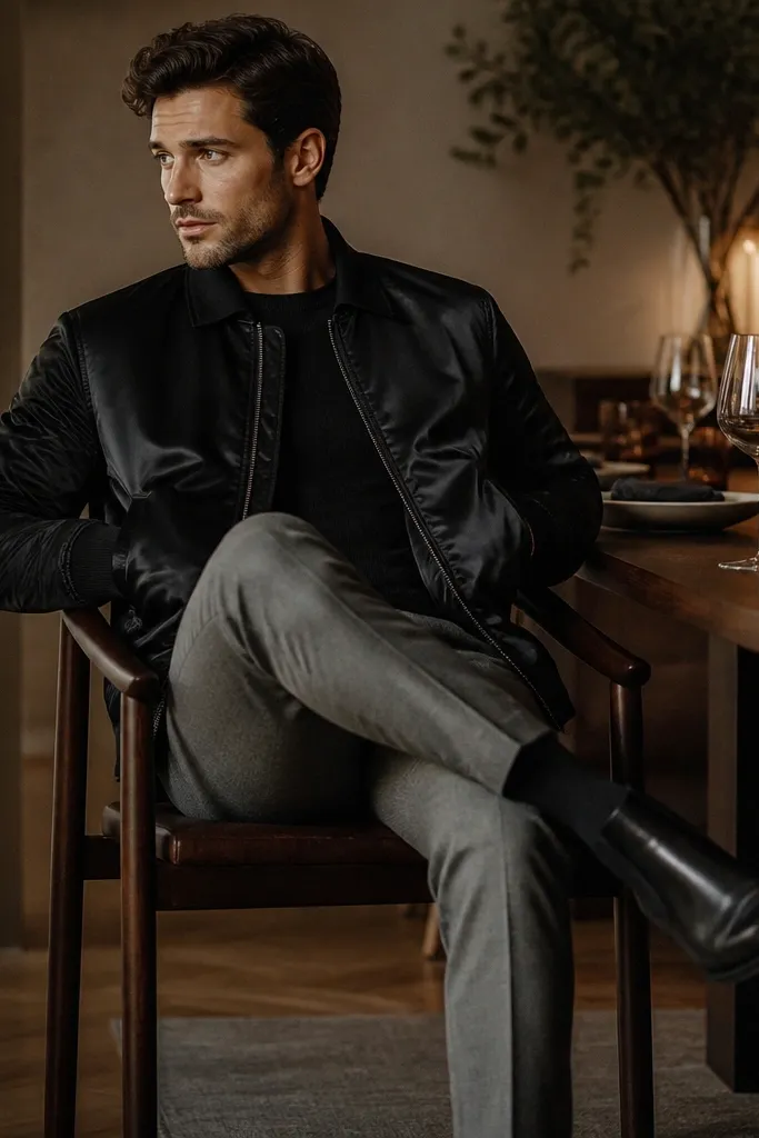 A black bomber jacket with a satin-like finish, paired with heather gray trousers and black Chelsea boots; indoor dinner lighting with highlights on the jacket.