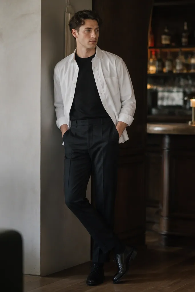 A black crewneck t-shirt under a white overshirt, paired with dark slim slacks and black leather shoes; indoor restaurant bar background.