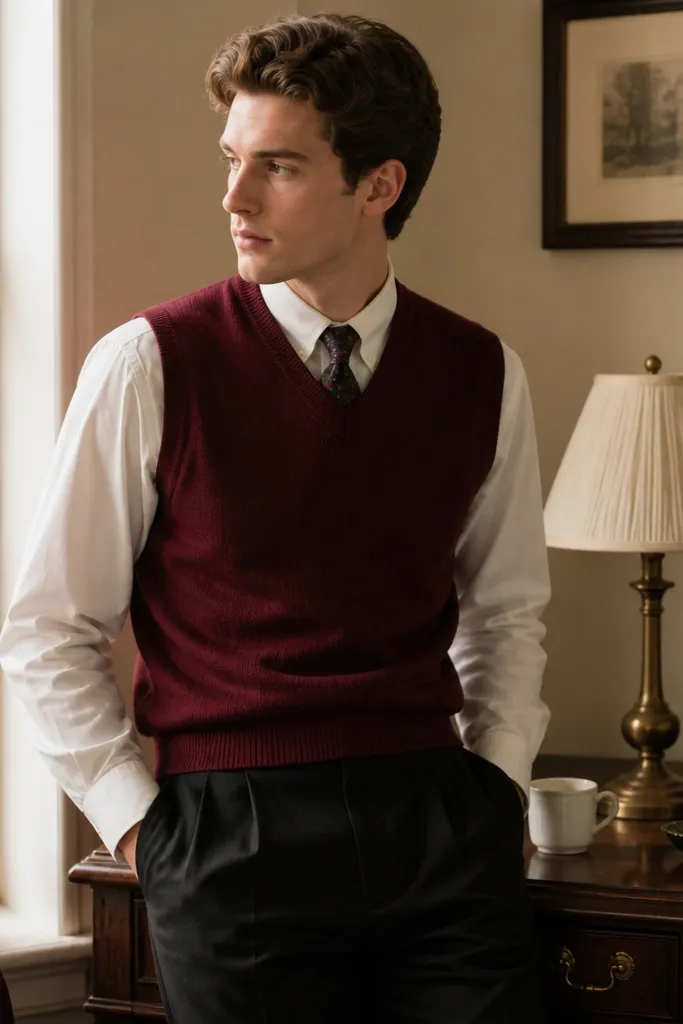 A wine-red sweater vest layered over a white button-down, with black trousers and a patterned knit tie tucked away at the collar; warm indoor lighting.