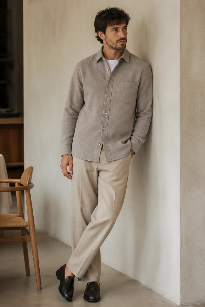 A stone-colored overshirt worn buttoned with a white tee, paired with beige trousers and dark loafers; the man is photographed against a neutral wall inside a restaurant.