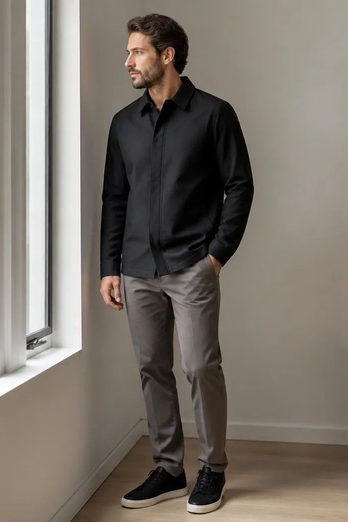 A black shirt jacket with a minimal front and clean seams, paired with gray chinos and black sneakers; the man stands near a window with daylight.