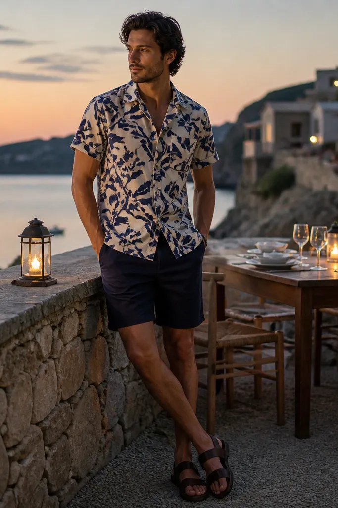 A patterned short-sleeve camp collar shirt in navy and cream, worn with tailored shorts in deep navy and leather sandals; outdoor dinner at dusk.