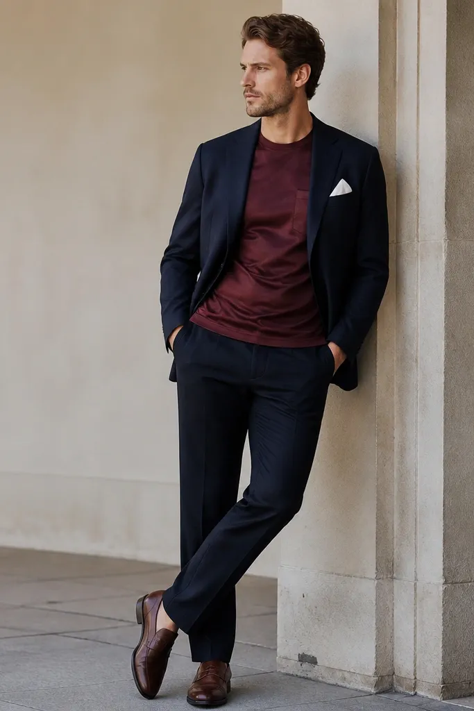 A burgundy tee with a small chest pocket and slight satin sheen, layered under a navy blazer with a white pocket square; dark trousers and brown shoes.