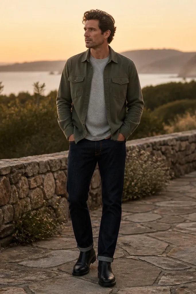 A man wearing an olive cotton overshirt layered over a heather gray crewneck tee, dark indigo jeans, and black leather boots; the scene is outdoors near a stone walkway at golden hour.
