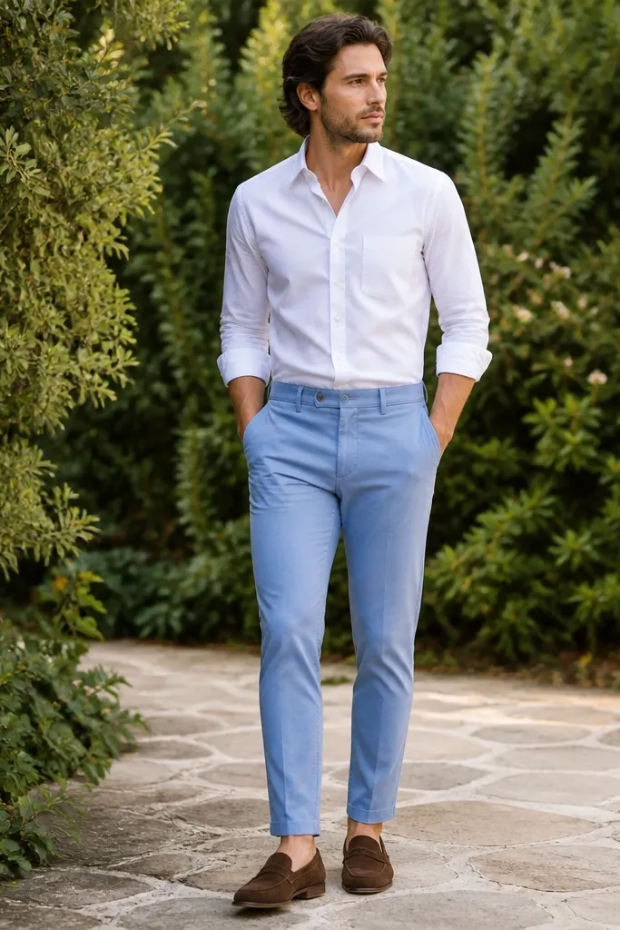 A man in a crisp white long-sleeve Oxford shirt with sleeves rolled to mid-forearm, tucked into light blue chinos, wearing brown suede loafers; greenery fills the background.