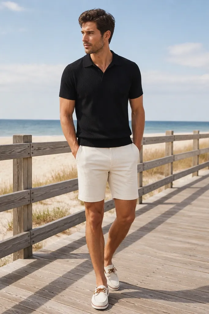 A man wearing a black short-sleeve knit polo over a bare neck, paired with cream shorts and canvas deck shoes; the photo is taken on a beach boardwalk with bright sky.