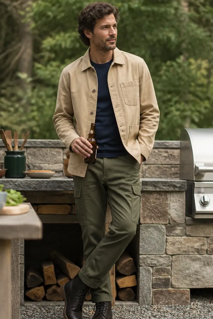 A man wearing a sand-colored chore jacket over a navy T-shirt, paired with olive cargo pants and dark boots; the setting shows a casual outdoor grill area.
