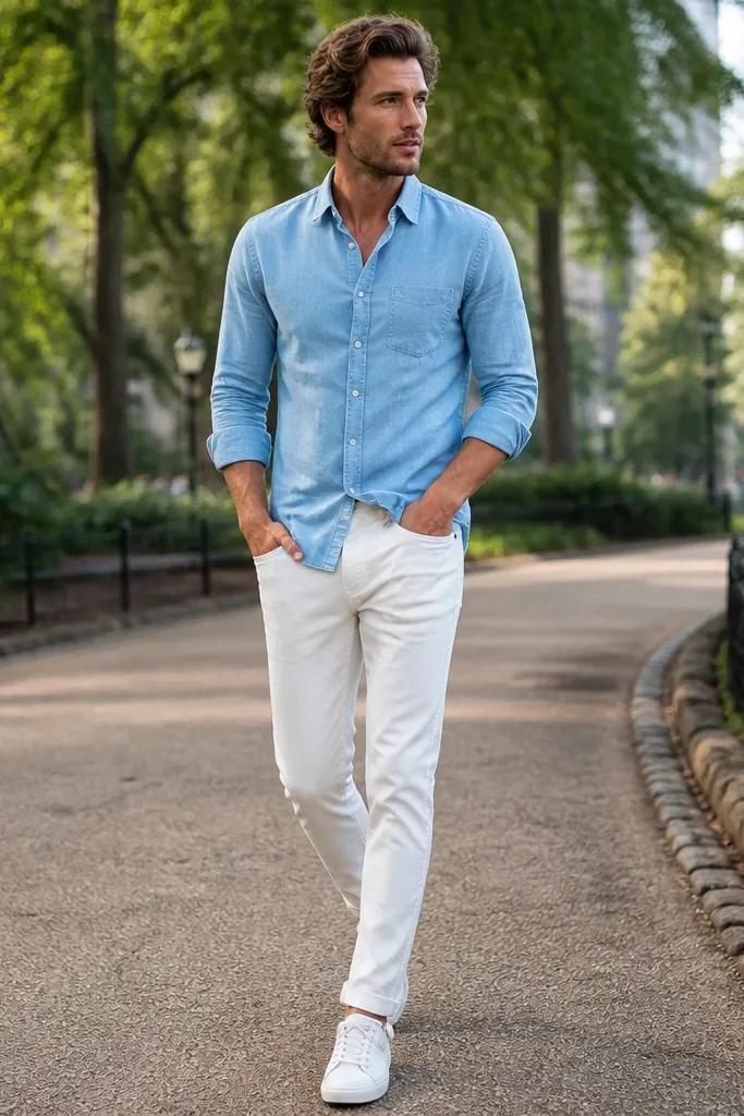 A man in a light sky-blue chambray button-up worn half-tucked, paired with white jeans and clean white sneakers; the background shows a city park path.